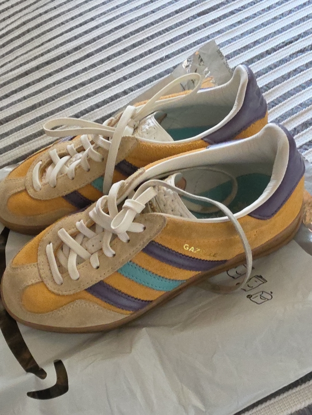 adidas Yellow Suede Sneakers with Purple & Teal Stripes